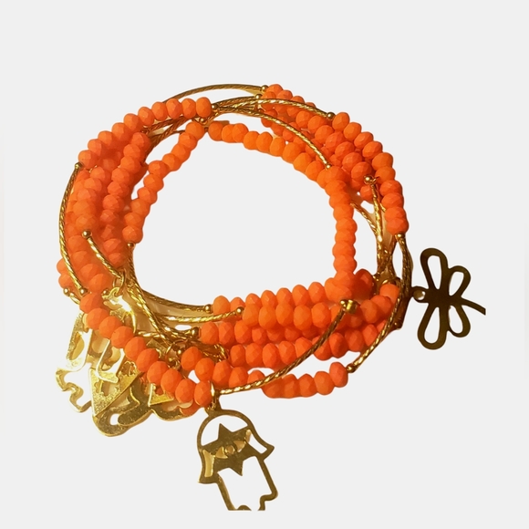 Orange bohemian gold charms hamsa, elephant, Clover butterfly stretch bracelets - Picture 2 of 4